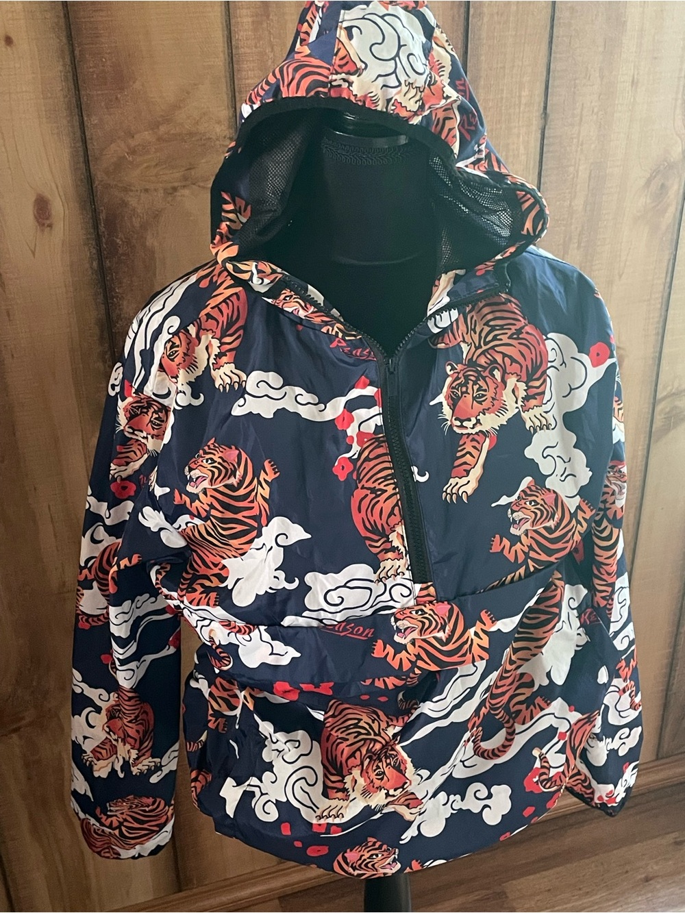 Reason Black Mesh-Lined Hooded Jacket with Navy and Orange Tiger Print